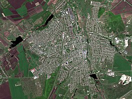 Satelitní snímek ukazuje pohled na Bachmut na Ukrajině. (8 května 2022)