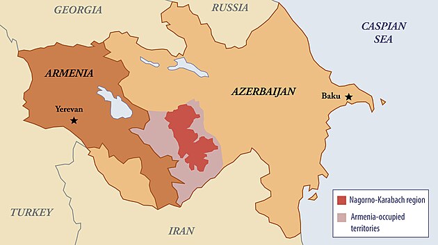 Mapa vyznauje zem Nhornho Karabachu (erven).