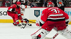 Frederik Andersen v brance Caroliny sleduje souboj spoluhráe Beta Burnse...