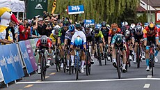 Fini� první etapy Kolem Ma�arska. Uprost�ed je vít�z Dylan Groenewegen z týmu...