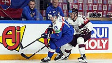 Slovenský hokejista Franti�ek Gajdo� brání puk p�ed dotírajícím Loty�em...