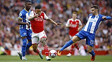 Úto�ník Arsenalu Gabriel Jesus se prodírá obranou Brightonu.