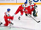 etí hokejisté Jan Koálek (33), Tomá Kundrátek (84) a Marek Langhamer na...