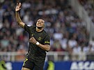 Útoník PSG Kylian Mbappé oslavuje gól do sít Auxerre