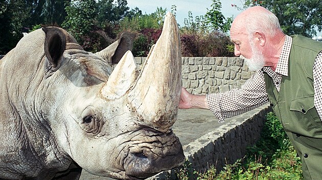 Zoo Dvůr Králové nad Labem (Safari). Bývalý ředitel Zoologické zahrady Dvůr Králové Josef Vágner u jednoho z nosorožců.