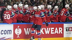 Norský hokejista Andreas Martinsen slaví se spoluhrái trefu proti Kanad na...