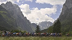 Peloton mezi dolomitskými vrcholky v 19. etap Gira