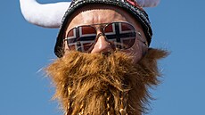 Norský fanoušek před zápasem mistrovství světa s českými hokejisty.