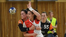 Veronika Mikulá�ková (vlevo) z Mostu brání Denisu Hole�ákovou ze Slavie.