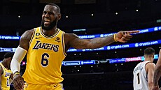 LeBron James z Los Angeles Lakers se roziluje v zápase s Denver Nuggets.