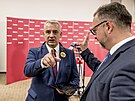 Pedseda MKOS Josef Stedula na tiskové konferenci po snmu eskomoravské...