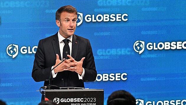 Závěrečný den třídenní mezinárodní konference Globsec v Bratislavě. Projev francouzského prezidenta Emmanuela Macrona. (31. května 2023)