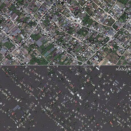 Satelitní foto ukazuje Rusy okupované ukrajinské msto Oleky ped záplavami...
