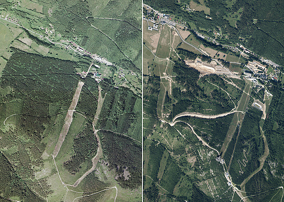 Letecké snímky Dolní Moravy z roku 2003 (vlevo) a ze souasnosti ukazují, jak...