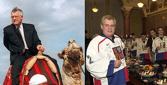 Zleva: Václav Klaus na velbloudu, Milo Zeman v hokejovém dresu