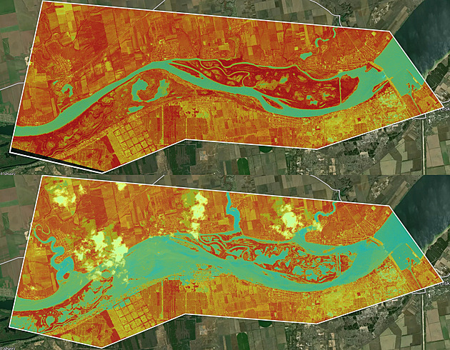 Satelity ukazují rozsah záplav po zničení přehrady. Škody budou ohromné
