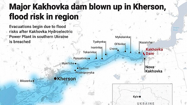 Osídlení ohrožené záplavami po zničení Kachovské přehrady. (6. května 2023)