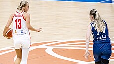 �eská basketbalistka Petra Hole�ínská u mí�e, brání ho Nikola Dudá�ová ze...