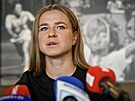Tenistka Karolína Muchová na tiskové konferenci po úspném taení na Roland...