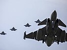tveice letoun F-35 a pod nimi Gripen vdskch vzdunch sil bhem cvien...
