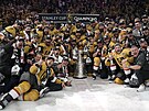 Hokejisté Vegas pózují se Stanley Cupem, který klub získal poprvé ve své krátké...