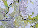 Mapa, kudy by se propojka vysokorychlostn trat mla prothnout Jihlavou....