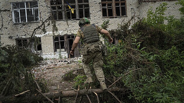 Ukrajinsk vojk v nedvno osvobozen ukrajinsk vesnici Blahodatne (17. ervna 2023)