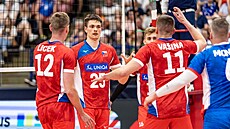 etí volejbalisté se radují z úspné akce v duelu s Finskem.