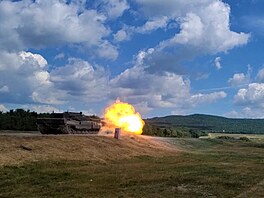 Výstel z tanku Leopard 2A4 na stelnici v Páslavicích. Podle voják je kanón...