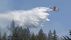 Hasi�ské letadlo shazuje protipo�ární látku na po�ár u jezera Whyte Lake, které...
