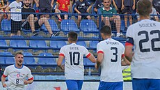 Michal Sadílek (vlevo) se raduje se spoluhrái z gólu v zápase s ernou Horou.