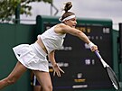 Karolína Muchová podává bhem prvního kola Wimbledonu.