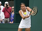 eská tenistka Barbora Strýcová hraje bekhend v prvním kole Wimbledonu.