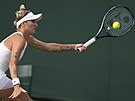 eská tenistka Markéta Vondrouová hraje forhend v prvním kole Wimbledonu.