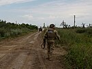 Ukrajinský voják jde po silnici v nedávno dobyté vesnici Novodarivka. (3....