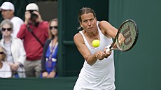 eská tenistka Barbora Strýcová hraje bekhend v prvním kole Wimbledonu.