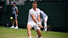 Ji�í Lehe�ka hraje bekhend ve t�etím kole Wimbledonu.