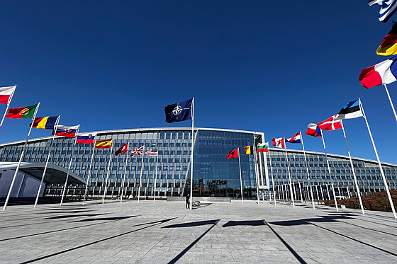 Státní vlajky lenských zemí NATO ped sídlem organizace v belgickém Bruselu.
