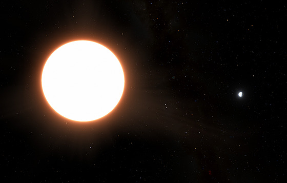 Pedstava ilustrátora o planet LTT9779b u své hvzdy. Planeta je velká...