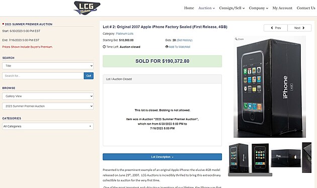 Aukn dm LCG Auctions vydrail dal originln zabalen iPhone prvn...