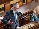 Premiér Petr Fiala pi obhajob vládního úsporného balíku ve Snmovn....