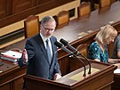 Premiér Petr Fiala pi obhajob vládního úsporného balíku ve Snmovn....