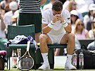 Smutný Jií Leheka po prohraném prvním setu v osmifinále Wimbledonu.
