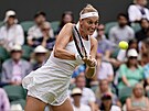 Petra Kvitová bojuje v osmifinálovém zápase Wimbledonu.