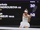 Markéta Vondrouová se napahuje k úderu ve finále Wimbledonu.