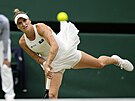Markéta Vondrouová se soustedí na úder ve finále Wimbledonu.