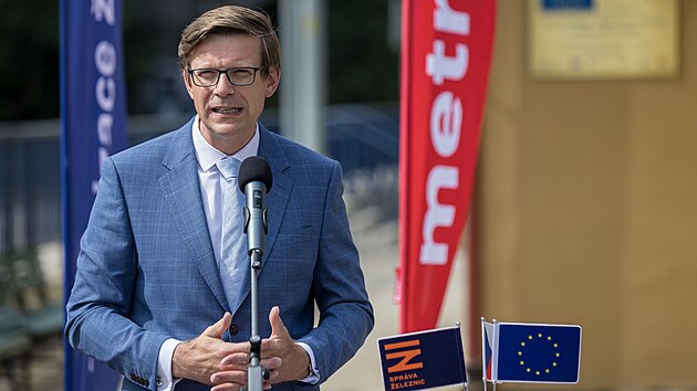 Ministr dopravy Martin Kupka na slavnostn�m zah�jen� rekonstrukce Branick�ho mostu (13. �ervence 2023)