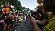 Tadej Pogaar v obklopení fanouk bhem trnácté etapy Tour de France