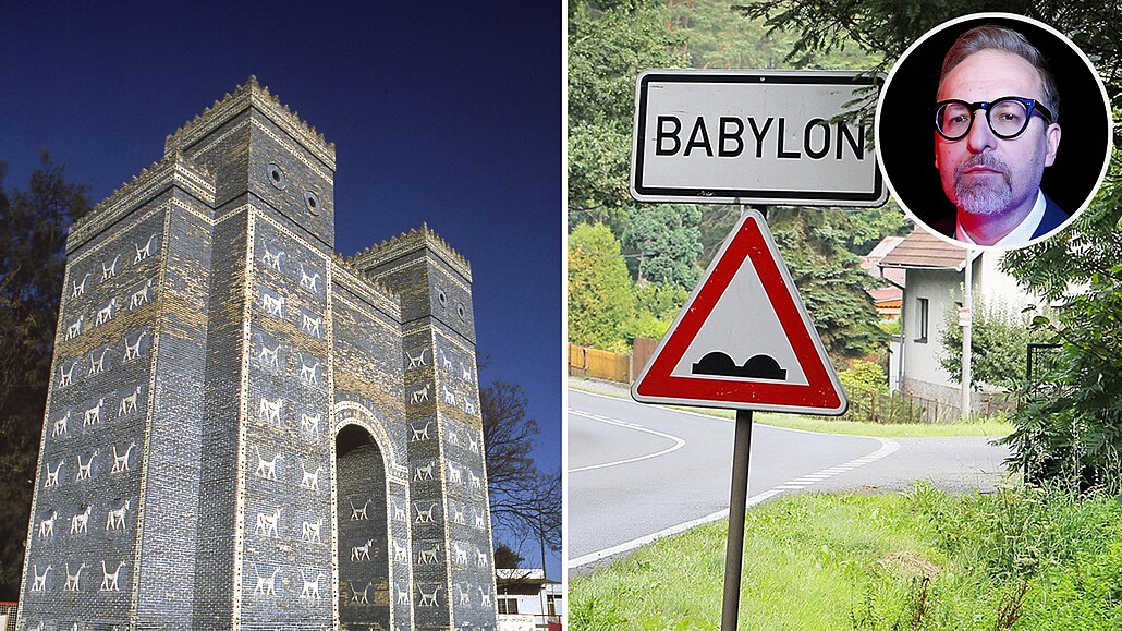 Rekonstruovaná Lví brána u vchodu do ruin Babylonu a obec Babylon v esku.