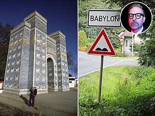 Rekonstruovaná Lví brána u vchodu do ruin Babylonu a obec Babylon v esku.